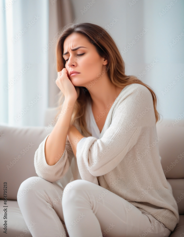 Woman with cold symptoms, feeling unwell, constipated, headache, home interior background Woman with cold symptoms, feeling unwell, constipated, headache, home interior background