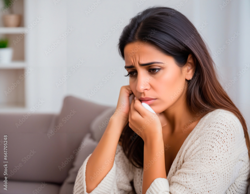 Woman with cold symptoms, feeling unwell, constipated, headache, home interior background Woman with cold symptoms, feeling unwell, constipated, headache, home interior background