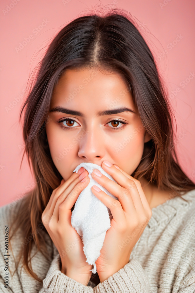 Woman with cold symptoms, feeling unwell, constipated, headache, home interior background Woman with cold symptoms, feeling unwell, constipated, headache, home interior background