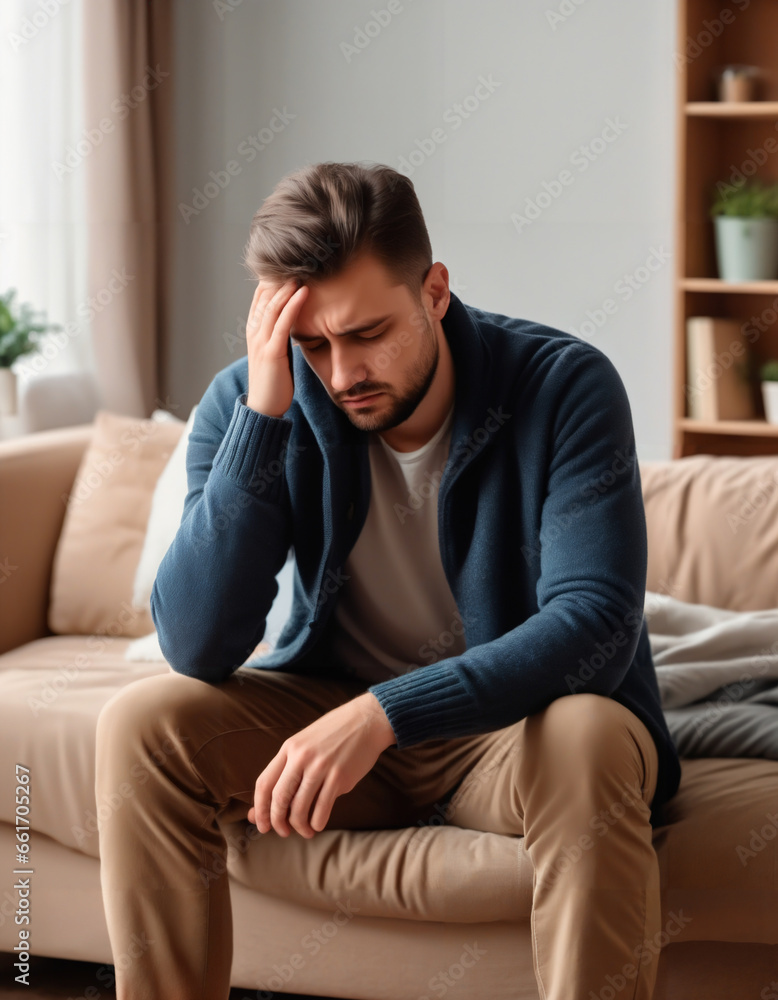 man with cold symptoms, feeling unwell, constipated, headache, home interior background man with cold symptoms, feeling unwell, constipated, headache, home interior background