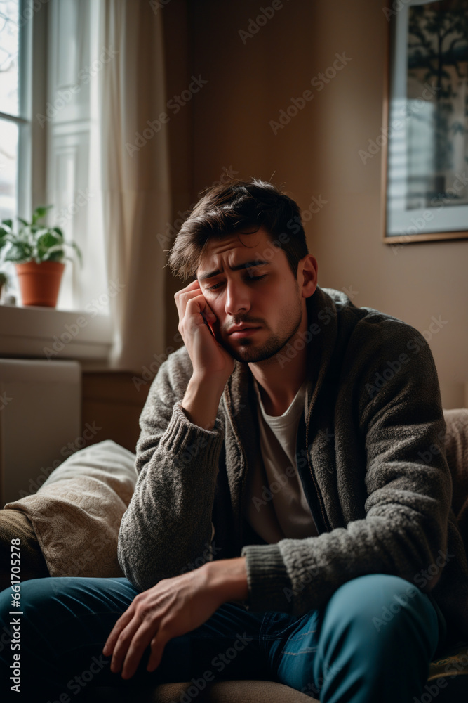 man with cold symptoms, feeling unwell, constipated, headache, home interior background man with cold symptoms, feeling unwell, constipated, headache, home interior background