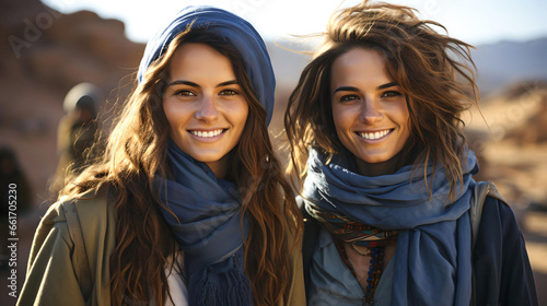 Arab women smiling and traveling through Morocco, concept of feminism and free women photo