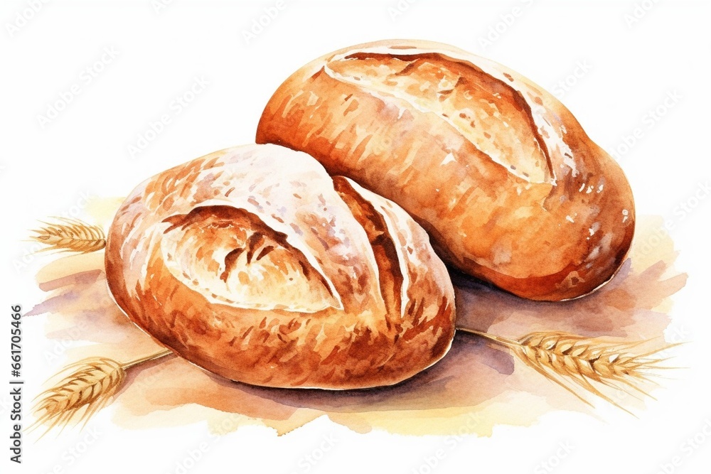 Generative AI : Hand painted watercolor of freshly baked bread isolated on white background. Generative AI : Hand painted watercolor of freshly baked bread isolated on white background.