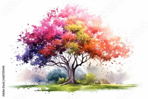Generative AI : abstract watercolor tree side view isolated on white background for landscape plan © The Little Hut