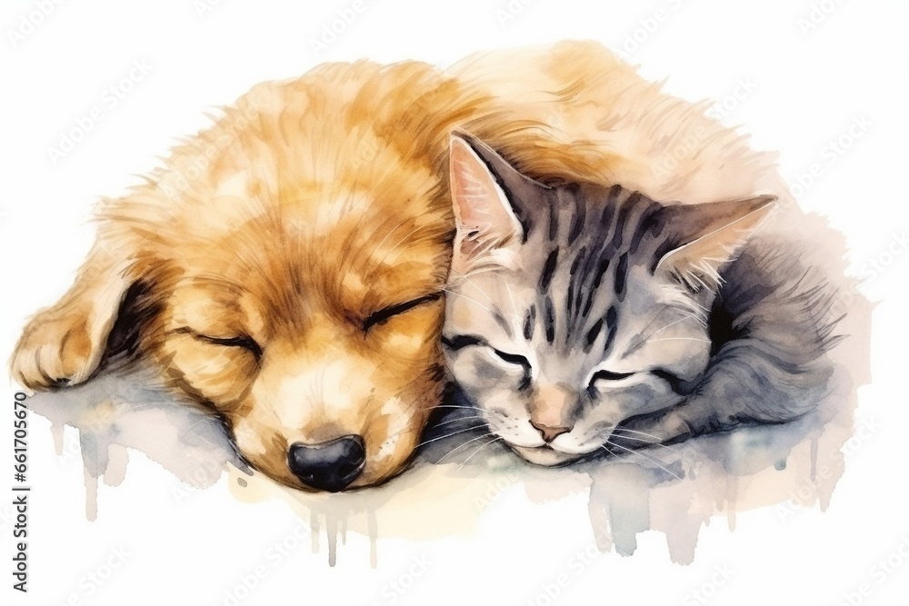 Generative AI : Cat and dog sleeping together. Kitten and puppy taking nap. 