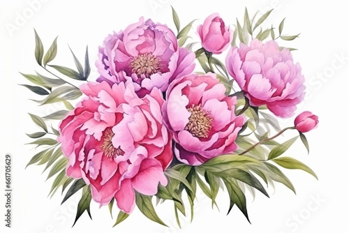 Generative AI : Hand drawn bouquet of pink flowers. Watercolor composition with peonies. © The Little Hut