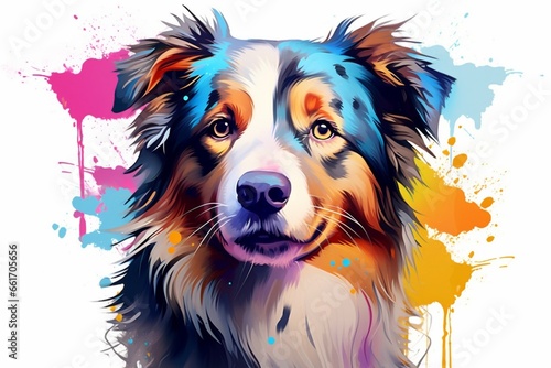 Generative AI : Dog colorful splash art Australian Shepherd