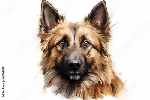 Generative AI : Berger Picard Dog watercolor portrait painting illustrated dog puppy isolated