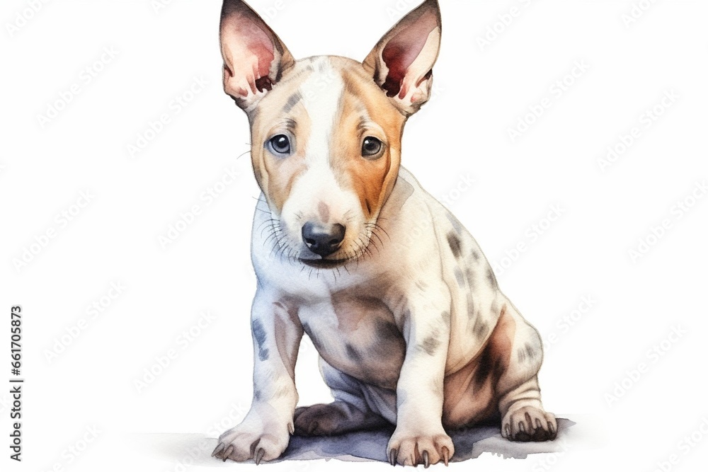 Generative AI : Miniature bull terrier watercolor portrait painting illustrated dog puppy isolated on transparent white background - obrazy, fototapety, plakaty 