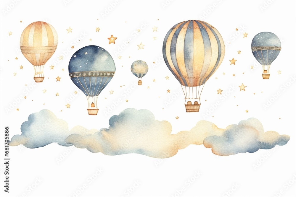 Obraz premium Generative AI : watercolor illustration - hot air balloons in the sky. Collection with retro airship.