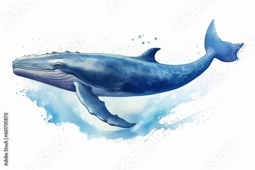 Generative AI   Watercolor style swimming blue whale with paint splash in the back on white background.