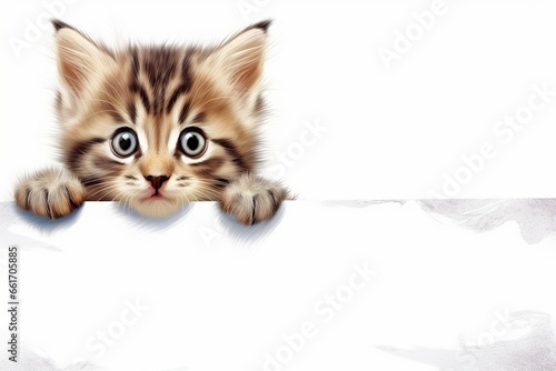 Generative AI : Kitten head with paws up peeking over blank white sign placard. 