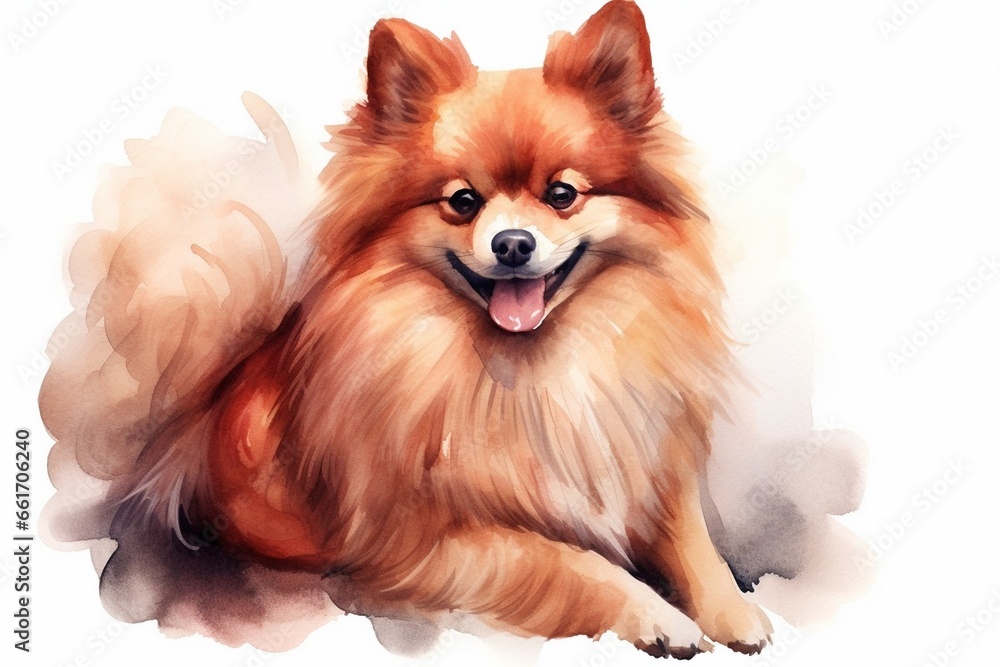 Generative AI : Watercolor illustrations of a red colored Pomeranian