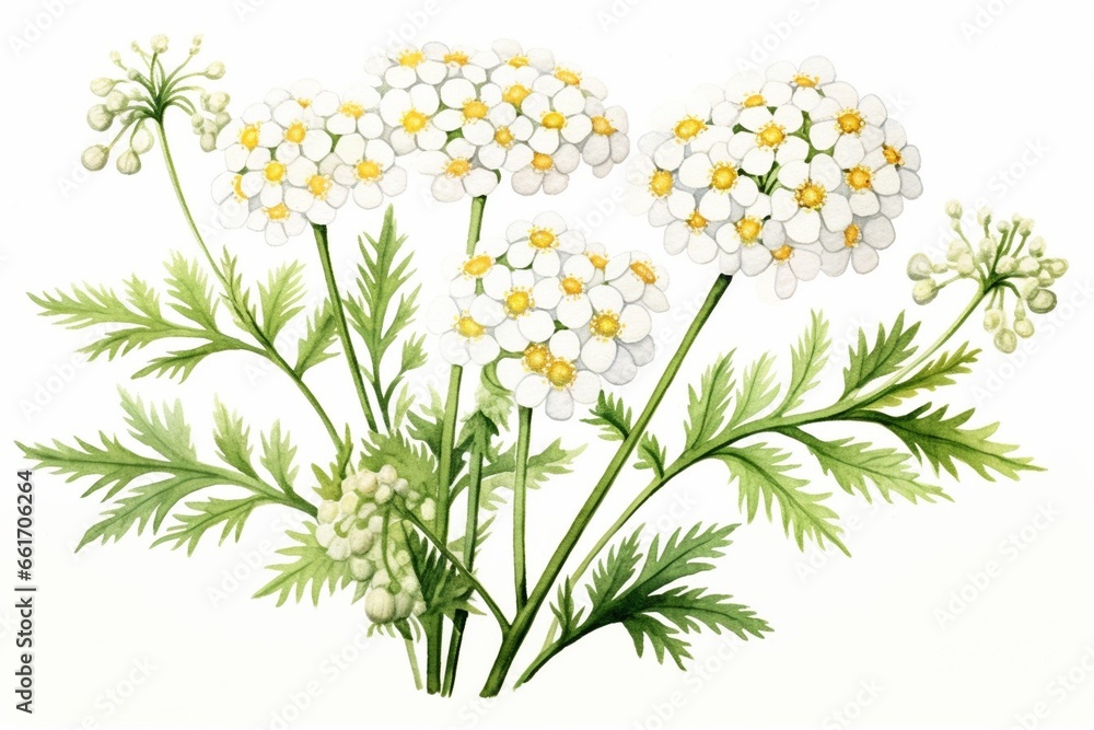 Generative AI : Yarrow medicinal herb watercolor botanical illustration. Generative AI : Yarrow medicinal herb watercolor botanical illustration.