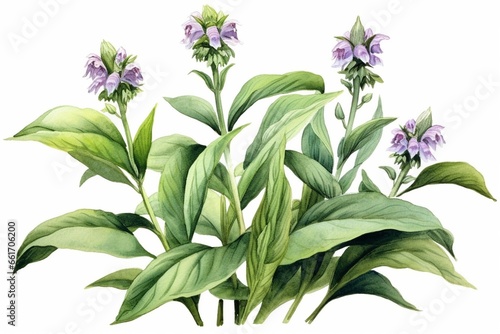 Generative AI : Comfrey plant with leaves and flowers. Watercolor vintage style botanical illustration.