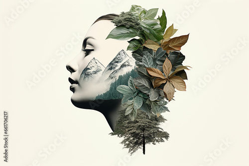 illustration AI visage de femme avec décoration florale et montagne, portrait naturel de profil sur fond blanc