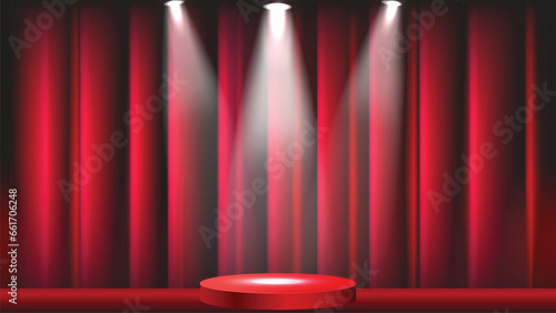 Stage with red closed curtain. Concert show backdrop with spotlight. Theater or cinema scene. Vector illustration design.