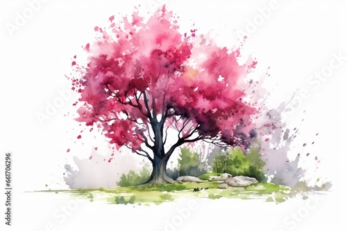 Generative AI : abstract watercolor tree side view isolated on white background for landscape plan