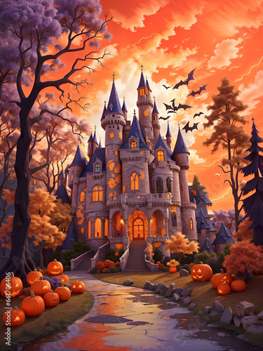a painting of a castle with pumpkins and bats