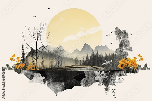 illustration AI de collage symbolique de nature avec arbre roche sur fond blanc