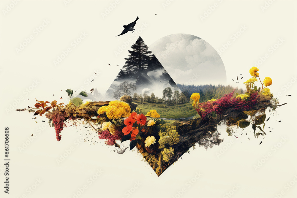 illustration AI de collage symbolique  de nature avec arbre roche sur fond blanc - obrazy, fototapety, plakaty 