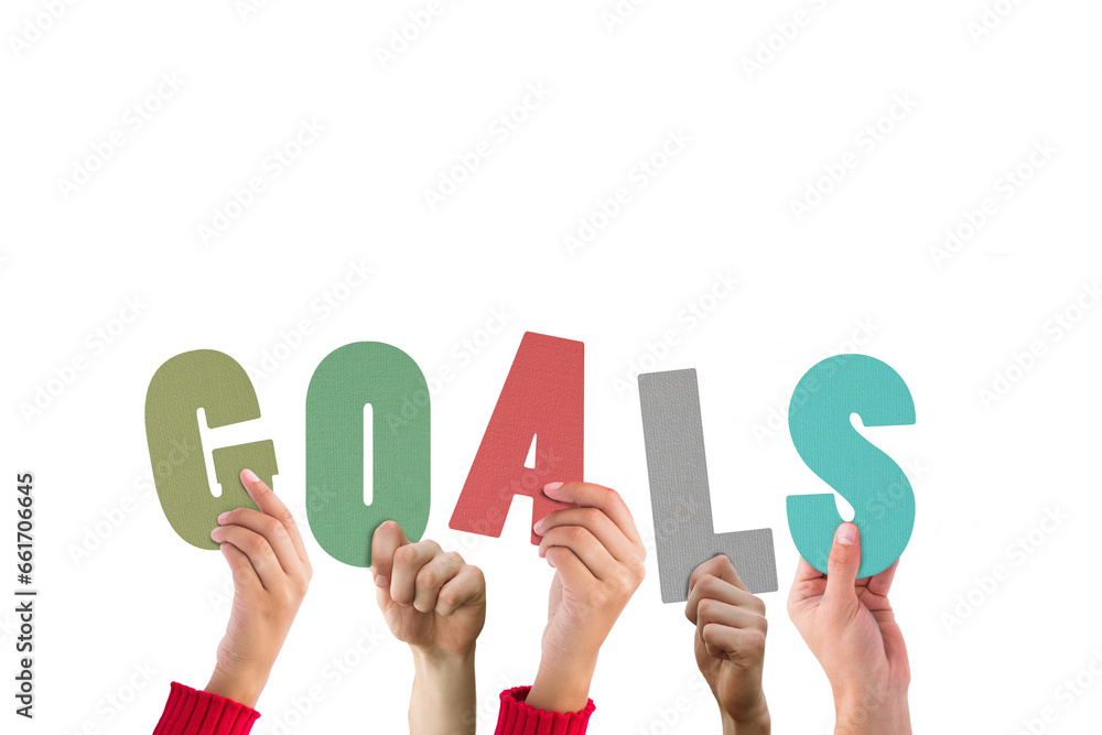 Digital png illustration of hands and goals text on transparent background Digital png illustration of hands and goals text on transparent background