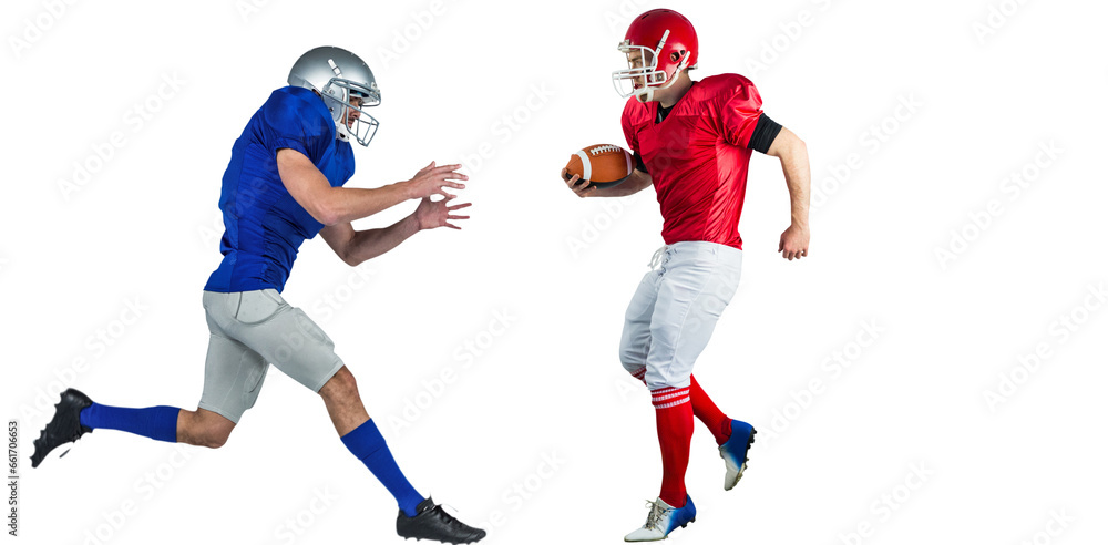 Digital png photo of two american football players with ball on transparent background