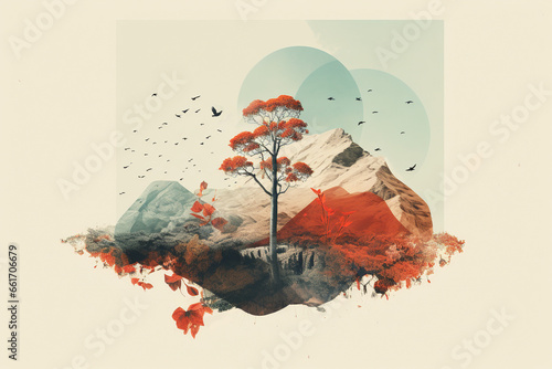 illustration AI de collage symbolique  de nature avec arbre roche sur fond blanc