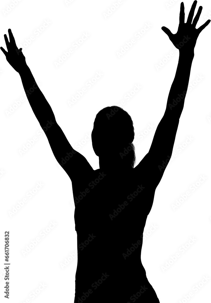 Digital png silhouette of woman raising hands on transparent background Digital png silhouette of woman raising hands on transparent background
