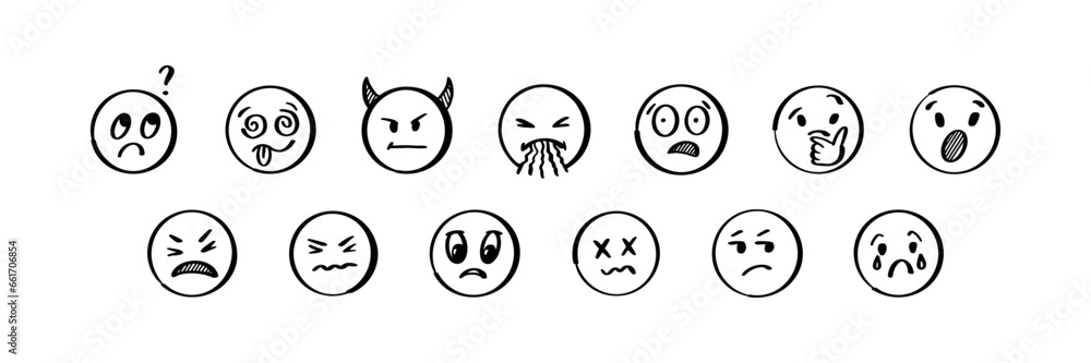 Doodle emoji set. Hand drawn sketch vector illustration. Pack of different negative expressions emoticons Doodle emoji set. Hand drawn sketch vector illustration. Pack of different negative expressions emoticons