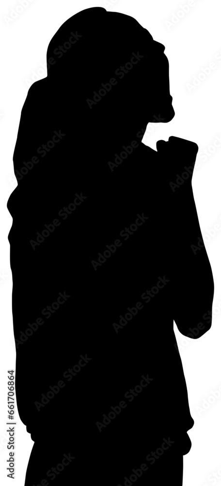 Digital png silhouette of woman with long hair screaming and raising fist on transparent background Digital png silhouette of woman with long hair screaming and raising fist on transparent background