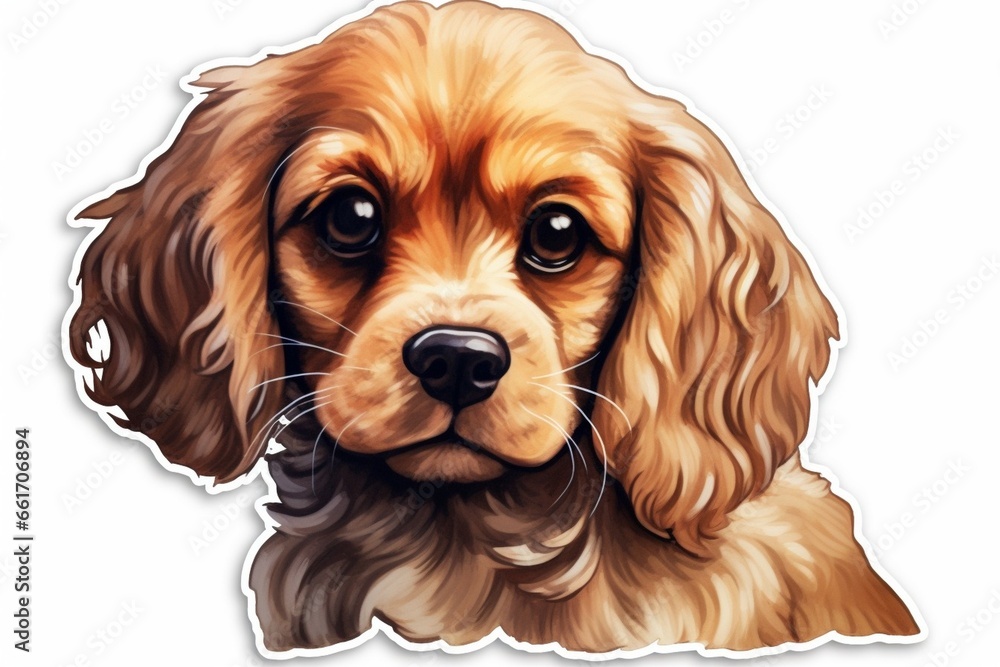 Generative AI : American Cocker Spaniel. Sticker on the wall. Realistic, hand-drawn, artistic, color portrait of an American Cocker Spaniel puppy on a white background in watercolor style. Generative AI : American Cocker Spaniel. Sticker on the wall. Realistic, hand-drawn, artistic, color portrait of an American Cocker Spaniel puppy on a white background in watercolor style.