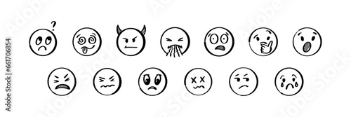 Doodle emoji set. Hand drawn sketch vector illustration. Pack of different negative expressions emoticons