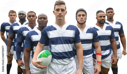 Digital png photo of team of diverse rugby players standing with ball on transparent background