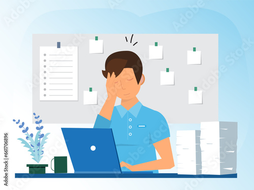 frustrated businessman sitting on office busy desk. Overwhelmed, work stress, tired or fatigue from overworked, busy to finish project paperwork in deadline, anxiety or exhaustion, headache concept.