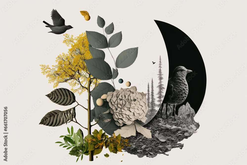 illustration AI de collage symbolique  de nature avec arbre roche sur fond blanc - obrazy, fototapety, plakaty 