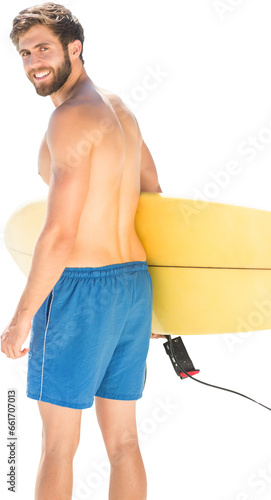 Digital png photo of happy caucasian surfer with surfboard turning around on transparent background