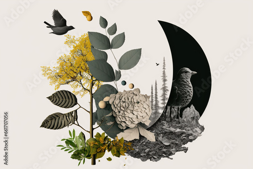 illustration AI de collage symbolique  de nature avec arbre roche sur fond blanc