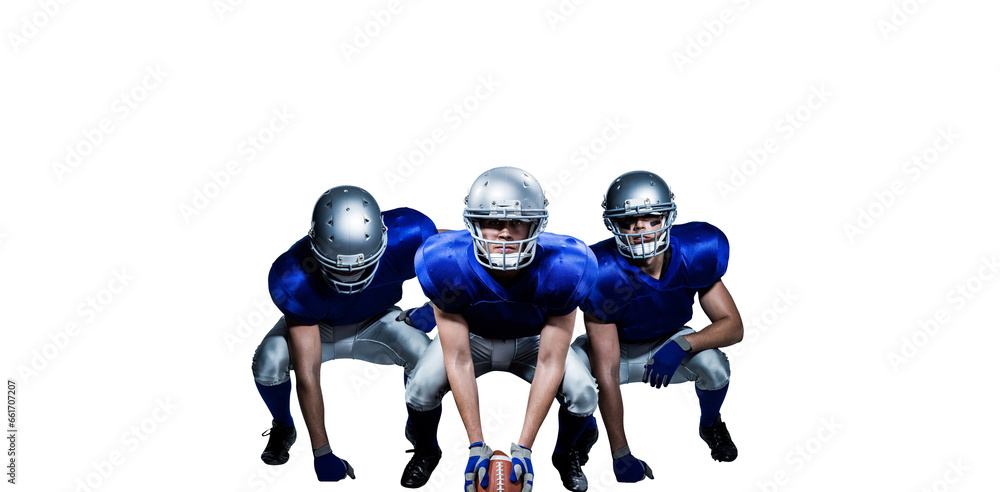 Digital png photo of diverse male american football players with ball on transparent background