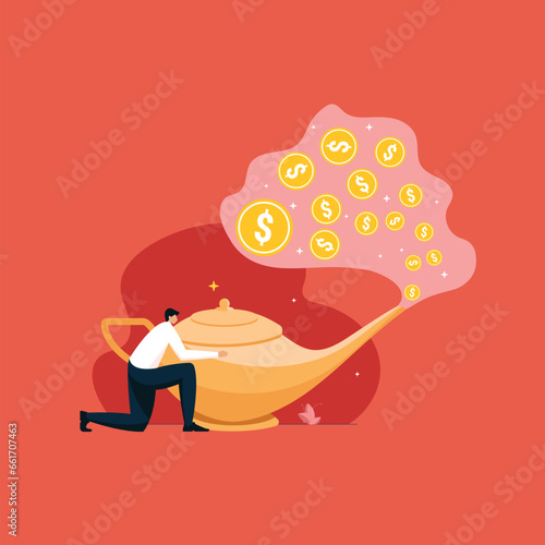 Businessman Rubbing Magic Lamp and getting money Instantly, Financial Freedom, Making Money concept