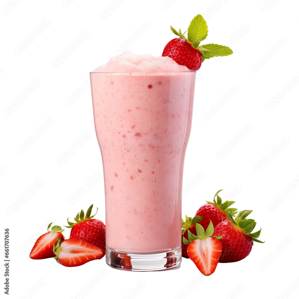 front view of strawberry banana smoothie with ingredients isolated on a transparent white background front view of strawberry banana smoothie with ingredients isolated on a transparent white background