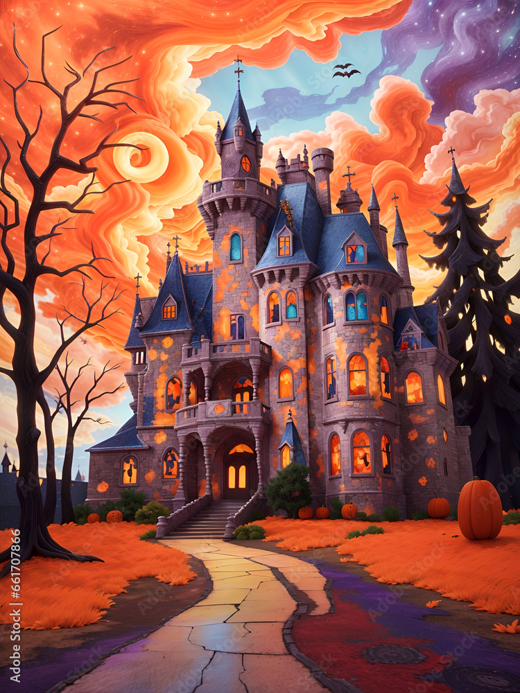 a painting of a castle with pumpkins and bats
