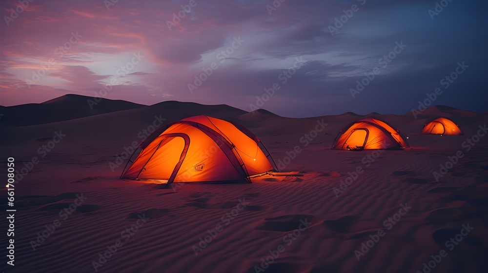 Camping Solitude: Tents in the Desert Under a Pristine Clear Sky
