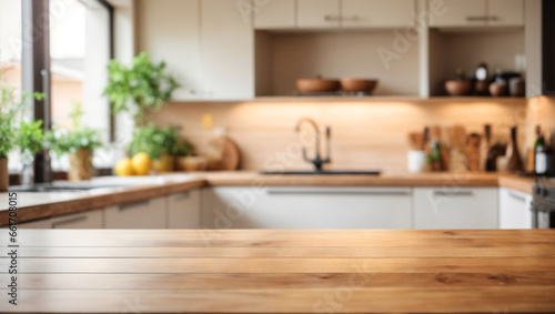 Empty Beautiful wood table top and blur bokeh modern kitchen interior background in clean and bright © adynue
