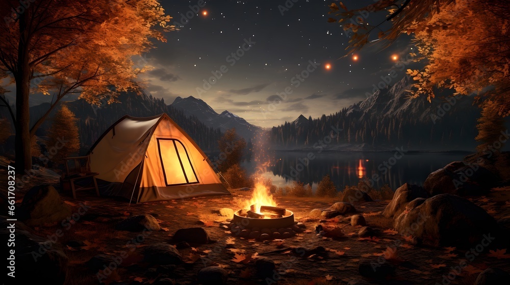 Autumn Nights: Cozy Tent with Warm Firepit Amidst Colorful Changing Leaves
