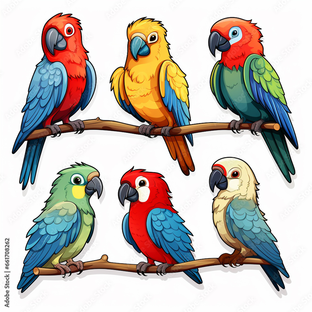 Obraz premium Set of parrots on white background. Isolated vector illustration.
