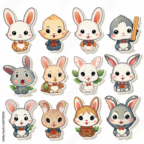 Set of cute cartoon bunnies on white background. Vector illustration.
