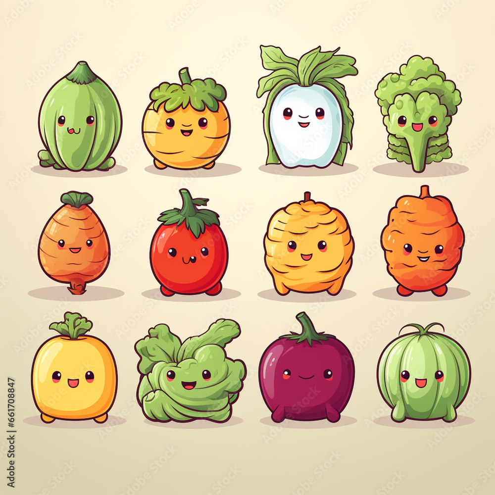 Vegetables and fruits cartoon character set. Vector illustration of cute vegetable characters. Vegetables and fruits cartoon character set. Vector illustration of cute vegetable characters.