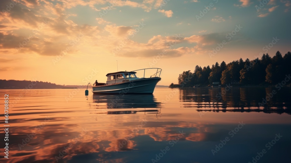 crystal clear lake and a blue sky full of white clouds, sunset, trees around it and a boat