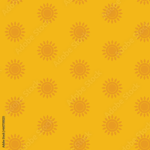 Digital png illustration of yellow sun repeated on yellow background